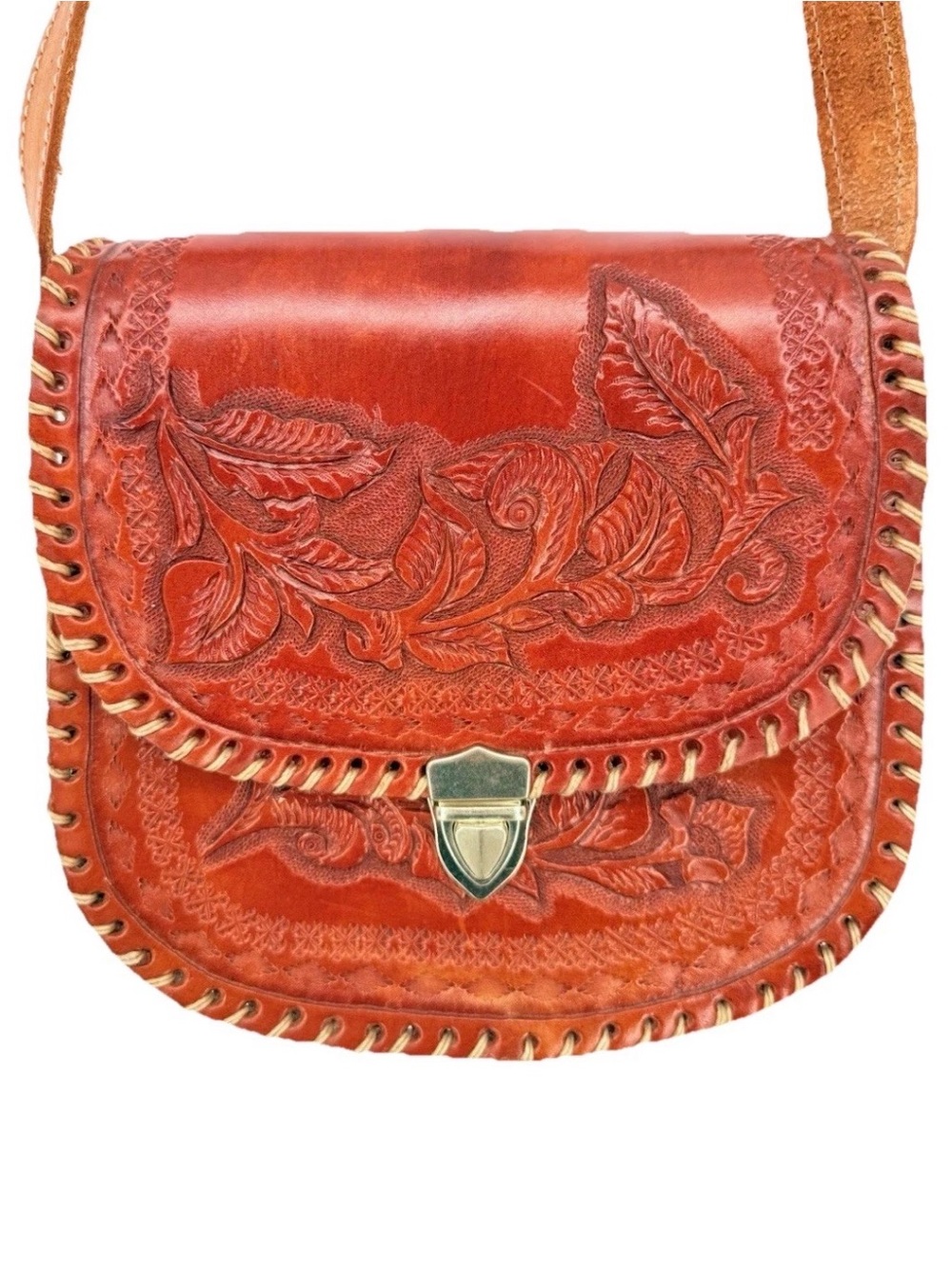 Vintage Tooled Leather Crossbody Saddle Bag Mexican Floral Boho Western Purse